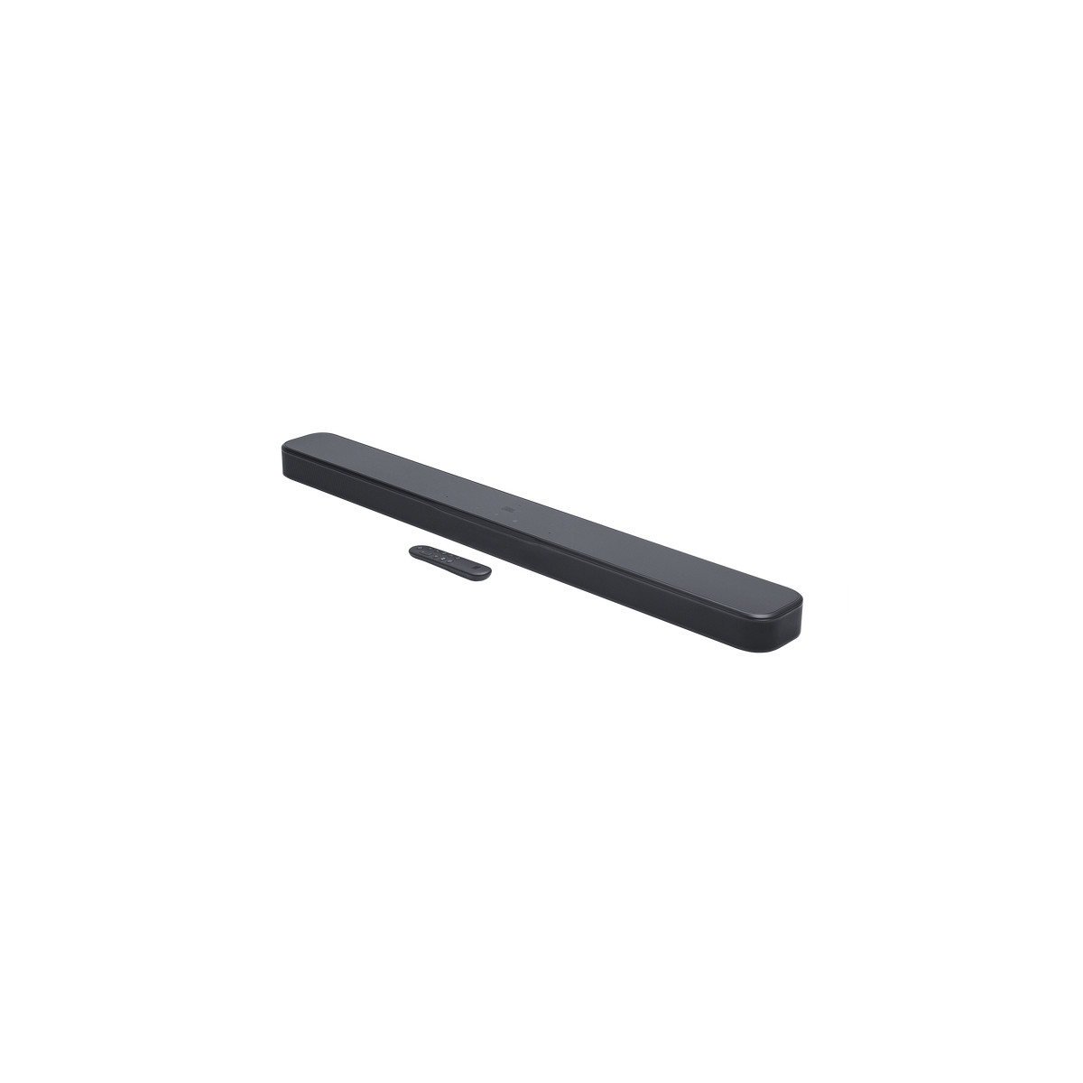 Schwarzer Soundbar mit Fernbedienung auf weißem Hintergrund.