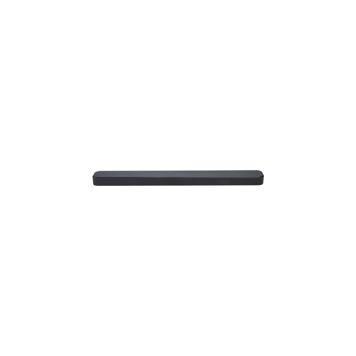 Eine schmale, dunkle Soundbar liegt horizontal auf weißem Grund.