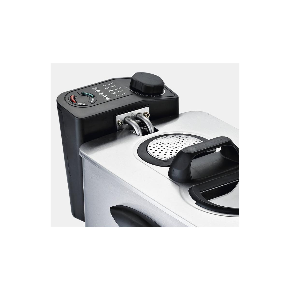 A silver deep fryer with a black control panel and temperature dial.