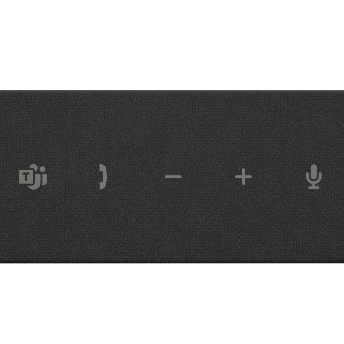 Icons for end call, volume down, volume up, and microphone on a black surface.