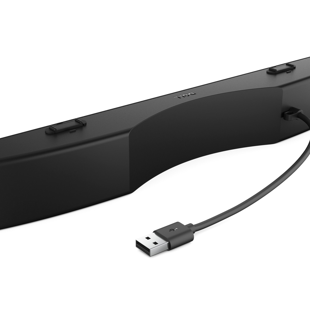 Black Dell speaker with USB cable on a white background.