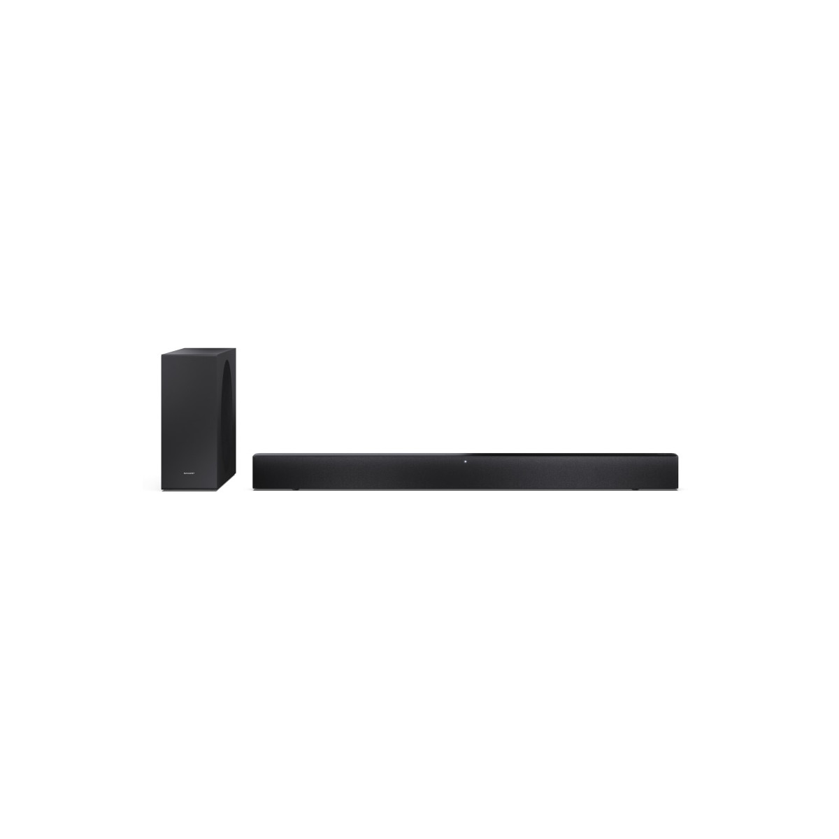 Schwarze Soundbar und Subwoofer nebeneinander auf weißem Hintergrund.