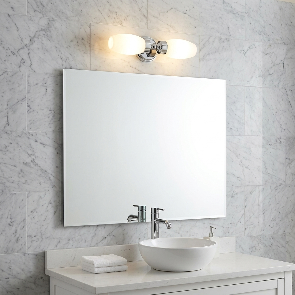 Tocador de baño moderno con lavabo sobre encimera, grifo cromado y azulejo de mármol.