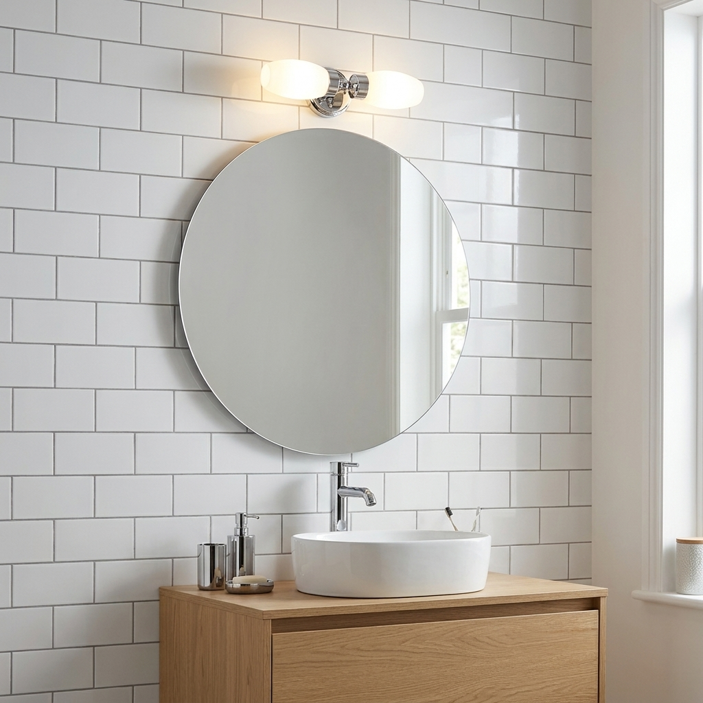 Un espejo redondo sobre un tocador de madera con lavabo y grifo blancos.
