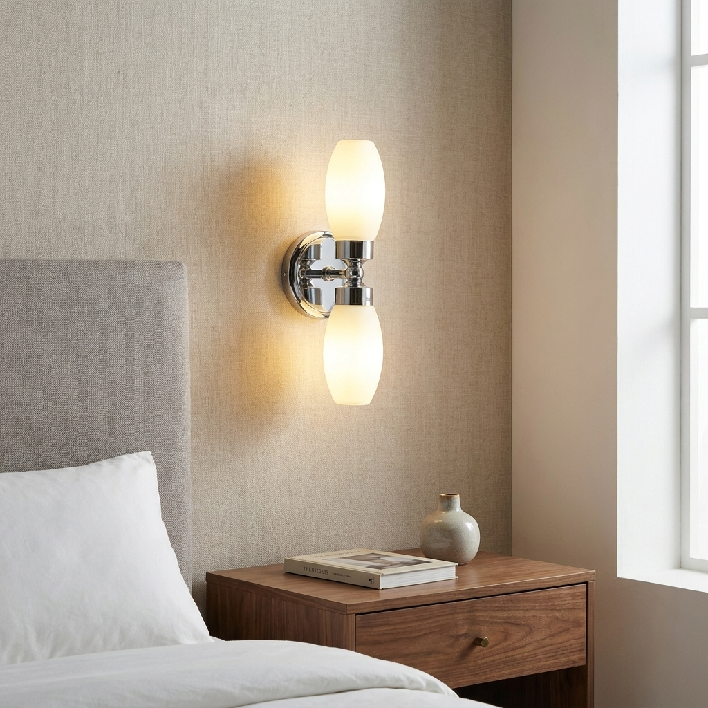 Una moderna lámpara de pared cromada de doble cabezal ilumina un dormitorio junto a una cama y mesita de noche.