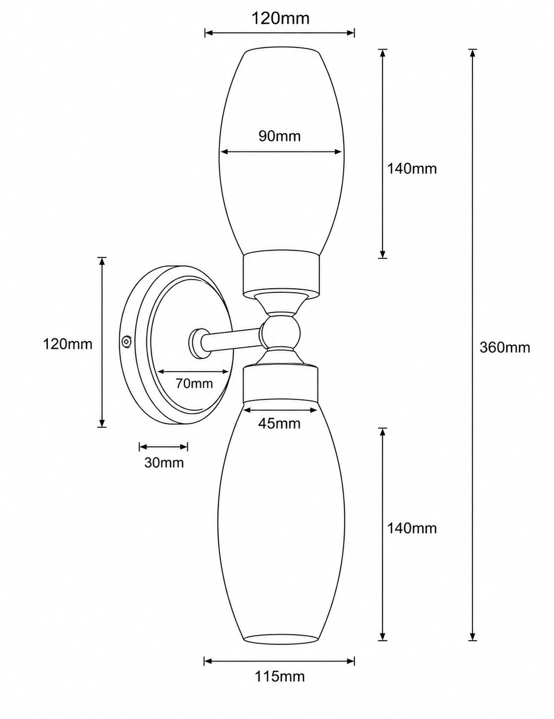 Dibujo técnico de una lámpara de pared con dimensiones. Dos pantallas ovaladas.