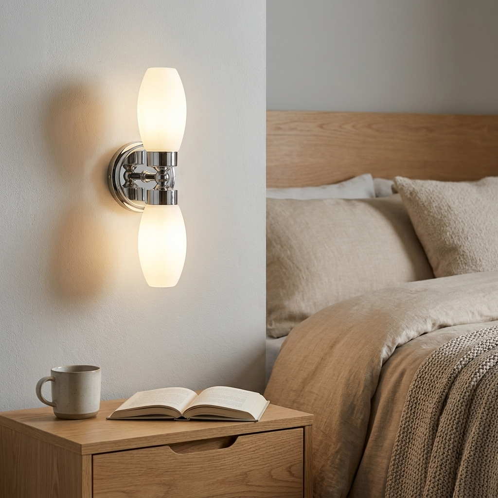 Una lámpara de pared de doble bombilla ilumina una mesita de noche con taza y libro.