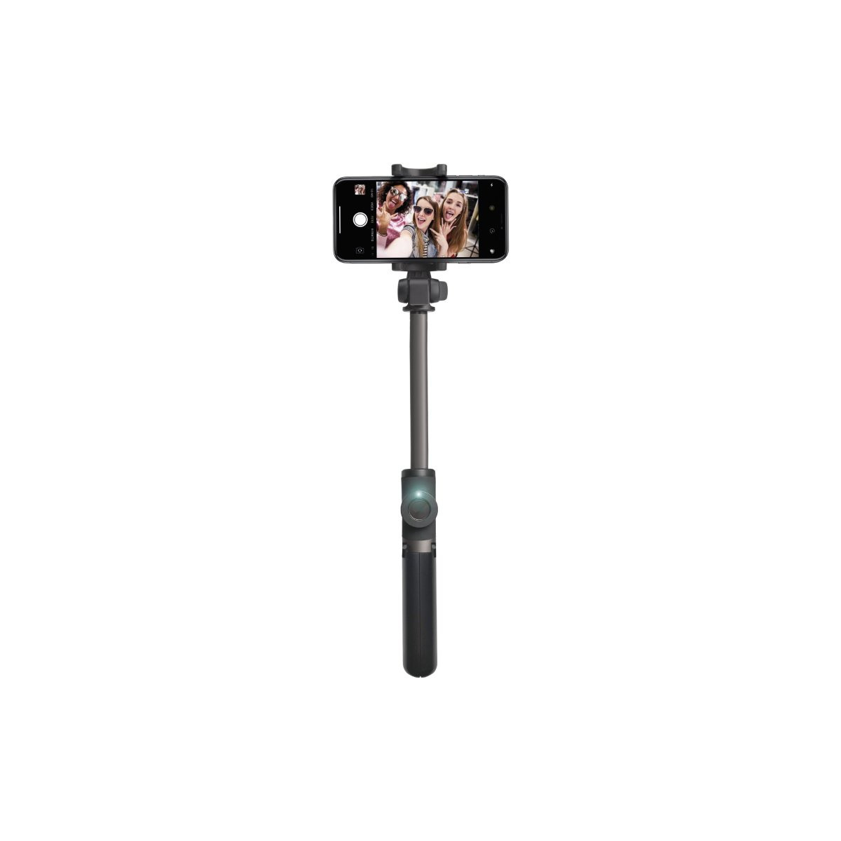 Ein Selfie-Stick mit einem Smartphone, das vier Frauen zeigt.