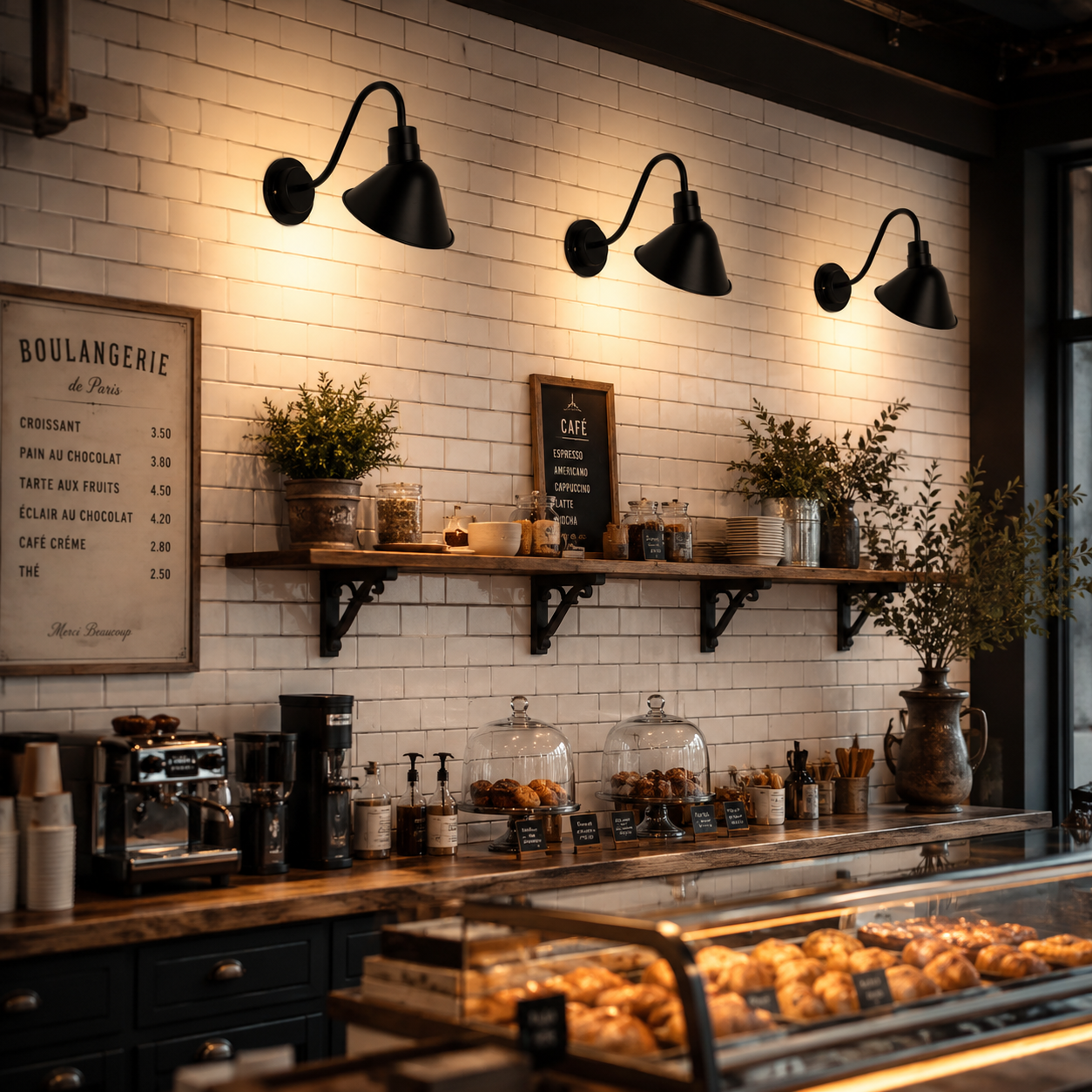 Mostrador de panadería con pasteles, máquinas de café y apliques de pared.