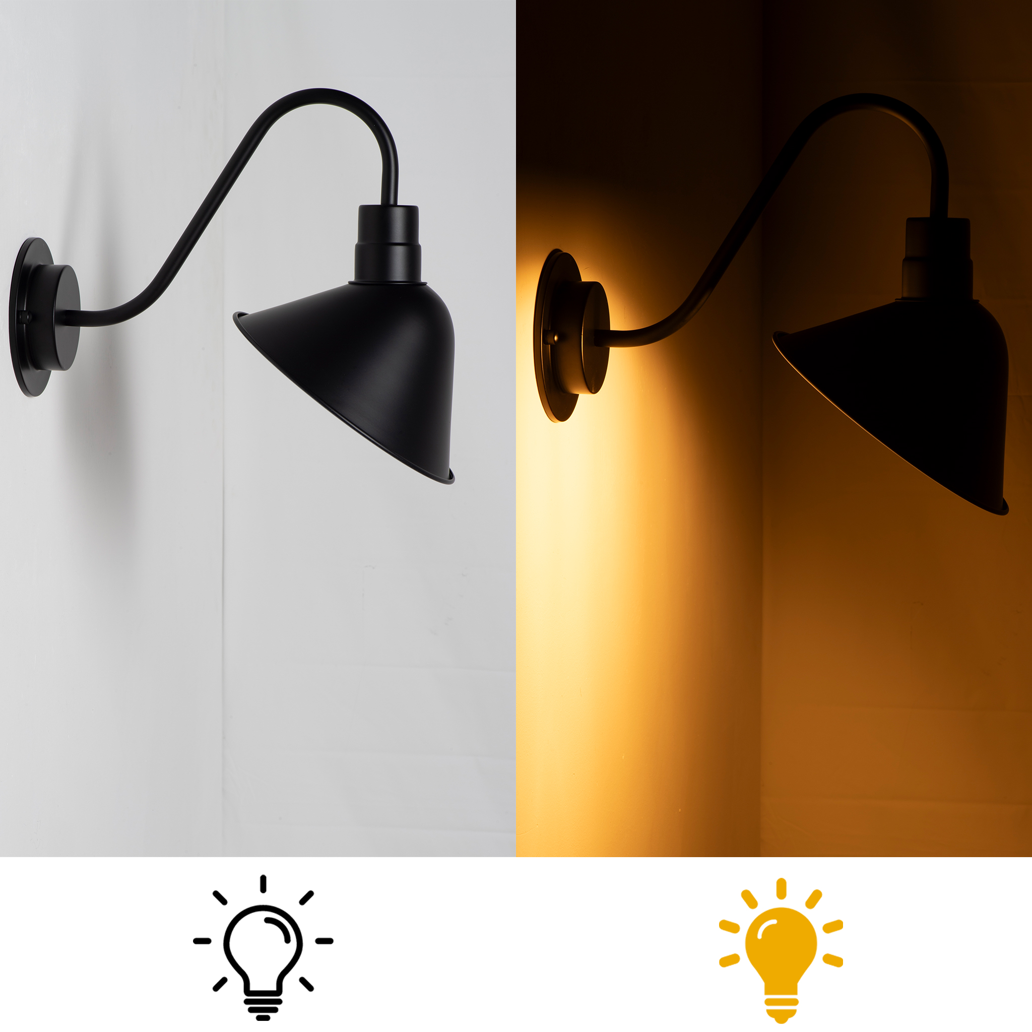 Lámpara de pared negra con brazo curvo, iluminada y sin iluminar.