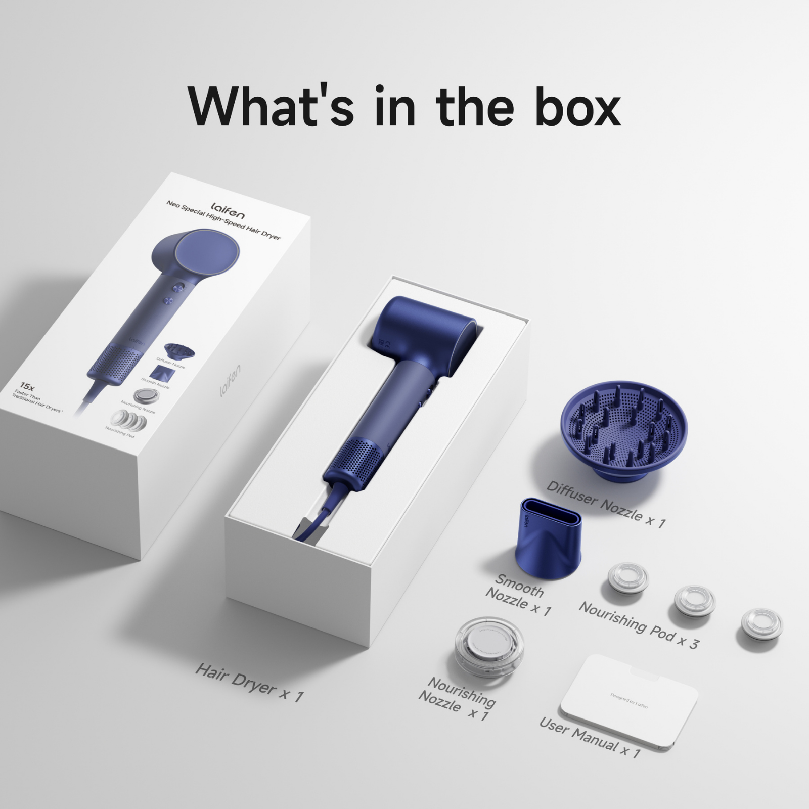 Un sèche-cheveux bleu avec accessoires : diffuseur, embout lisseur, 3 capsules nourrissantes.