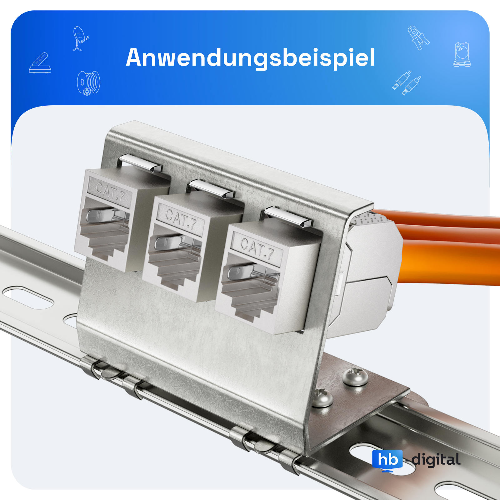 Drei CAT.7 Keystone-Module in einer Metallhalterung, mit orangefarbenen Kabeln.