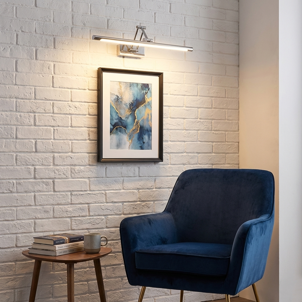 Un sillón azul oscuro junto a una mesita de madera con libros y una taza.