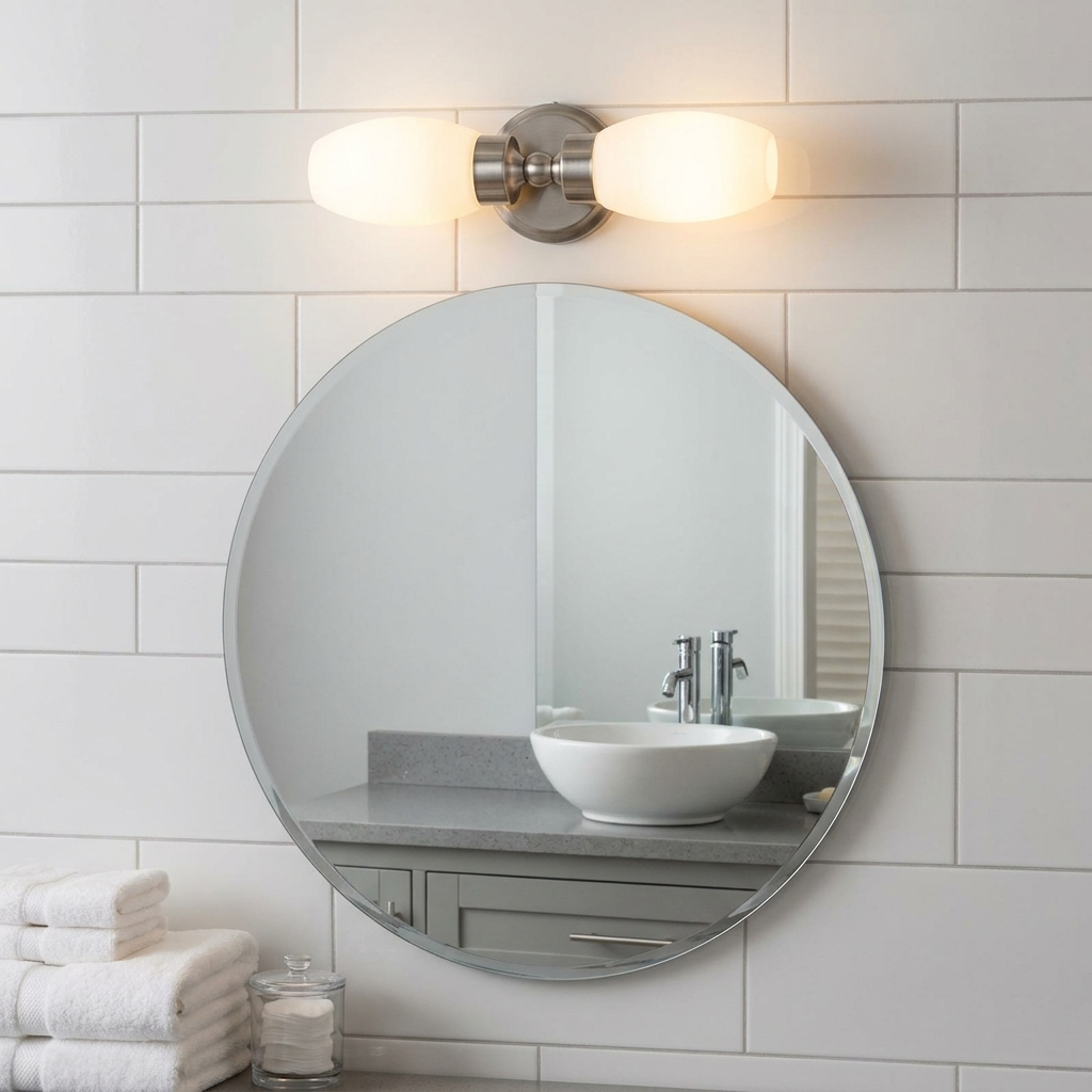 Un espejo redondo refleja un lavabo de tazón blanco, grifo y tocador gris. Toallas blancas apiladas a la izquierda.