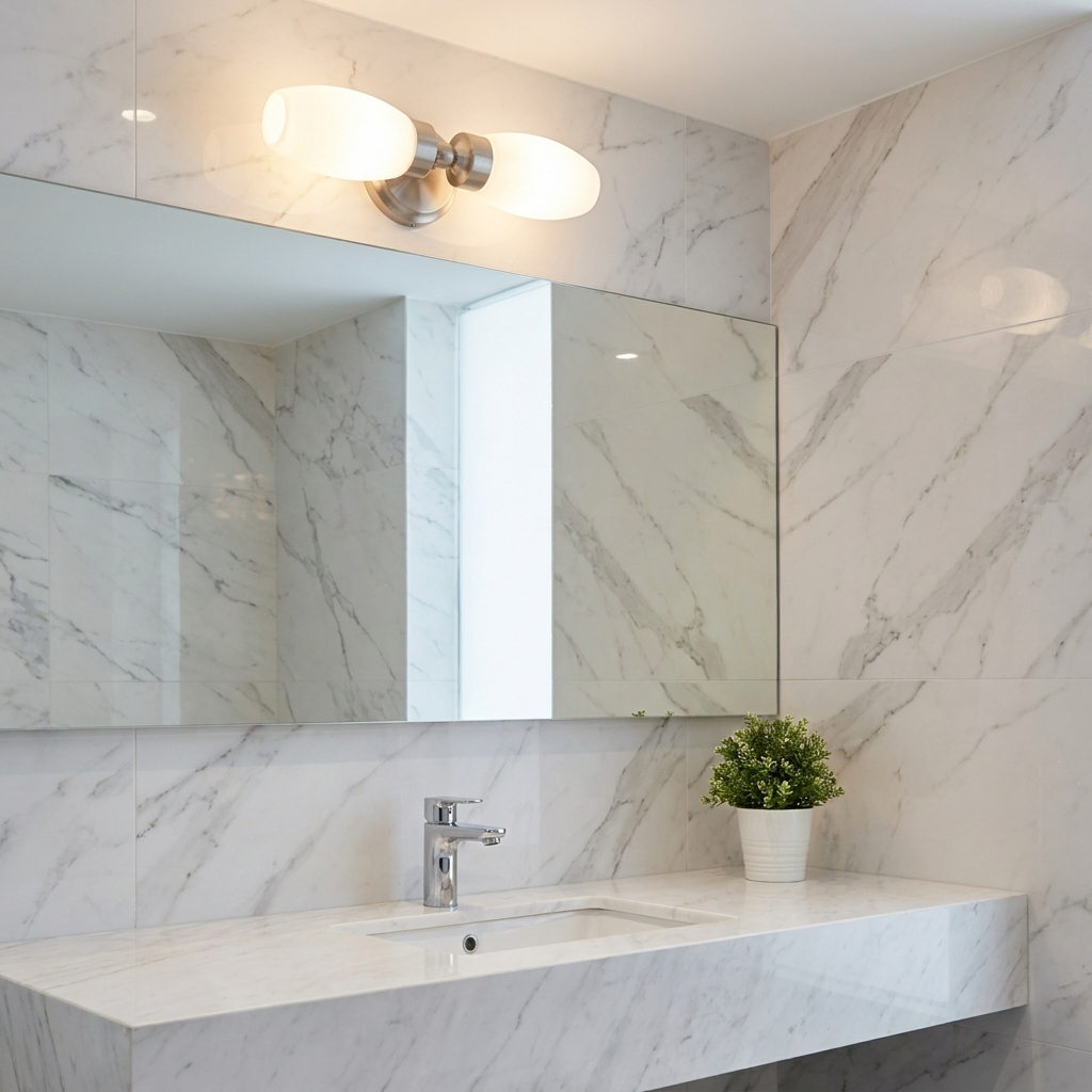 Baño moderno con azulejos de mármol, lavabo, grifo y aplique doble sobre el espejo.