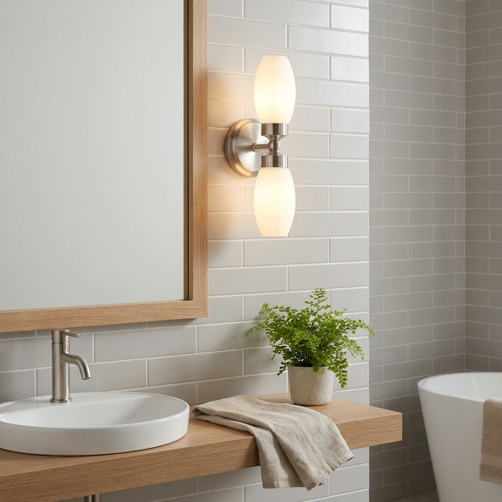 Un baño moderno con una lámpara doble, lavabo, espejo, planta y bañera.