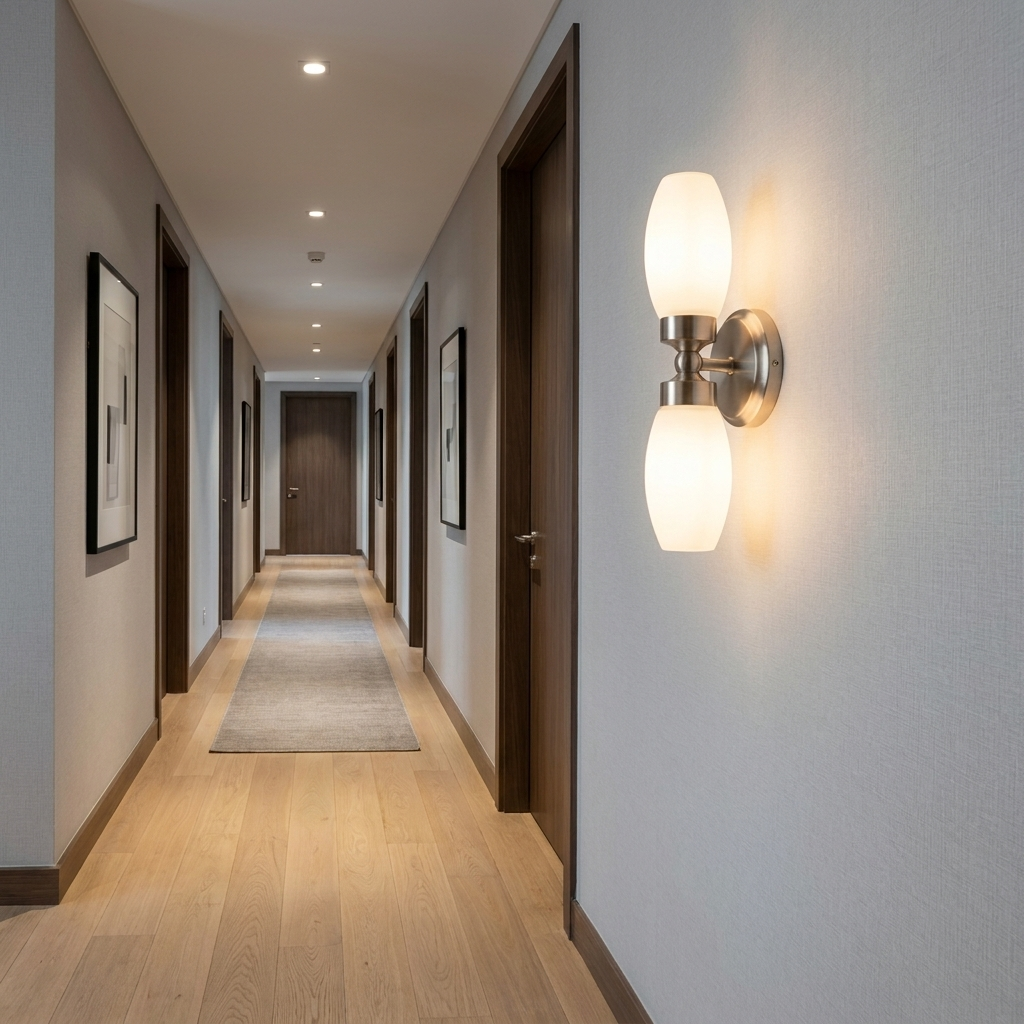 Un pasillo largo y bien iluminado con suelos y puertas de madera. Una alfombra recorre el centro.