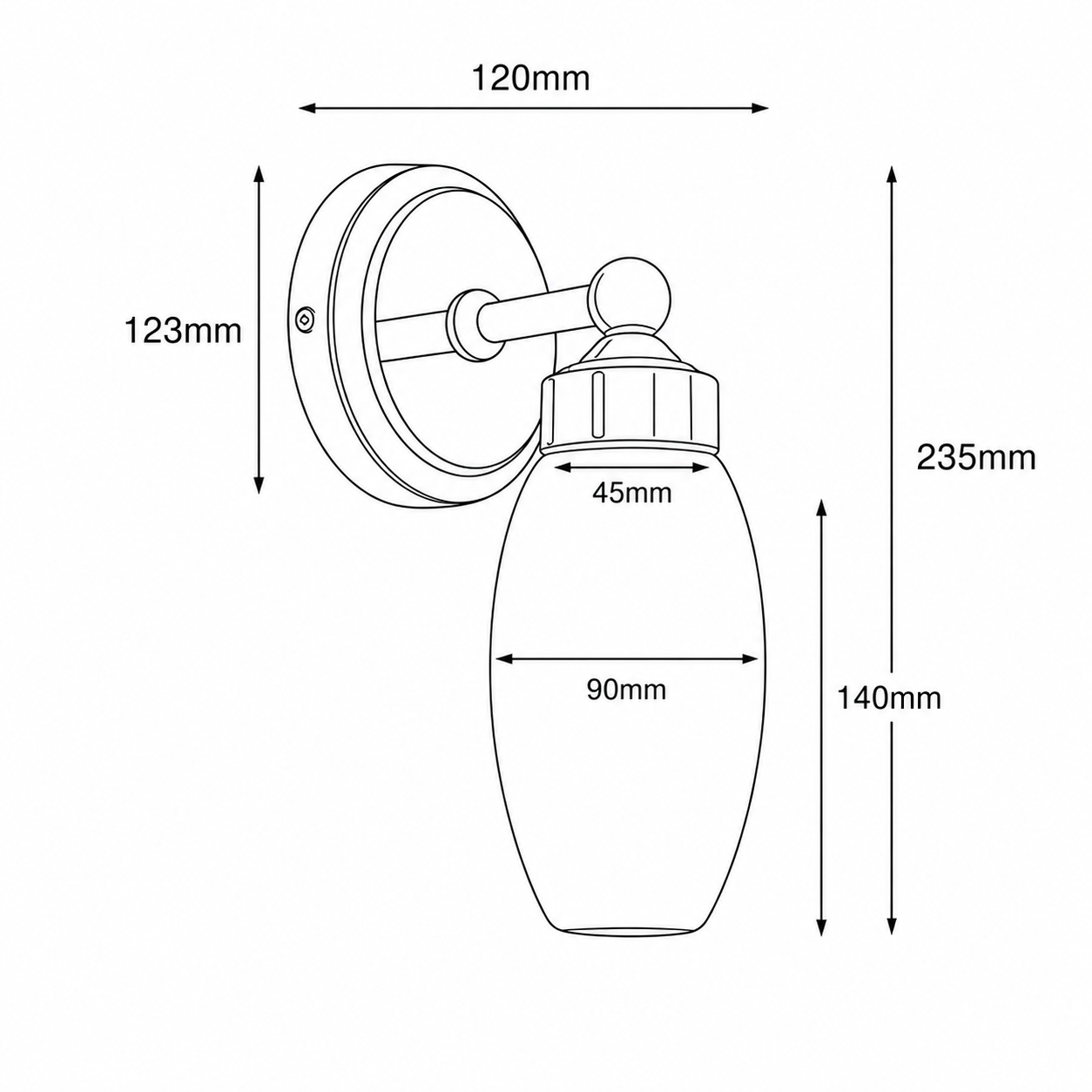 Dibujo técnico de una lámpara de pared con dimensiones.