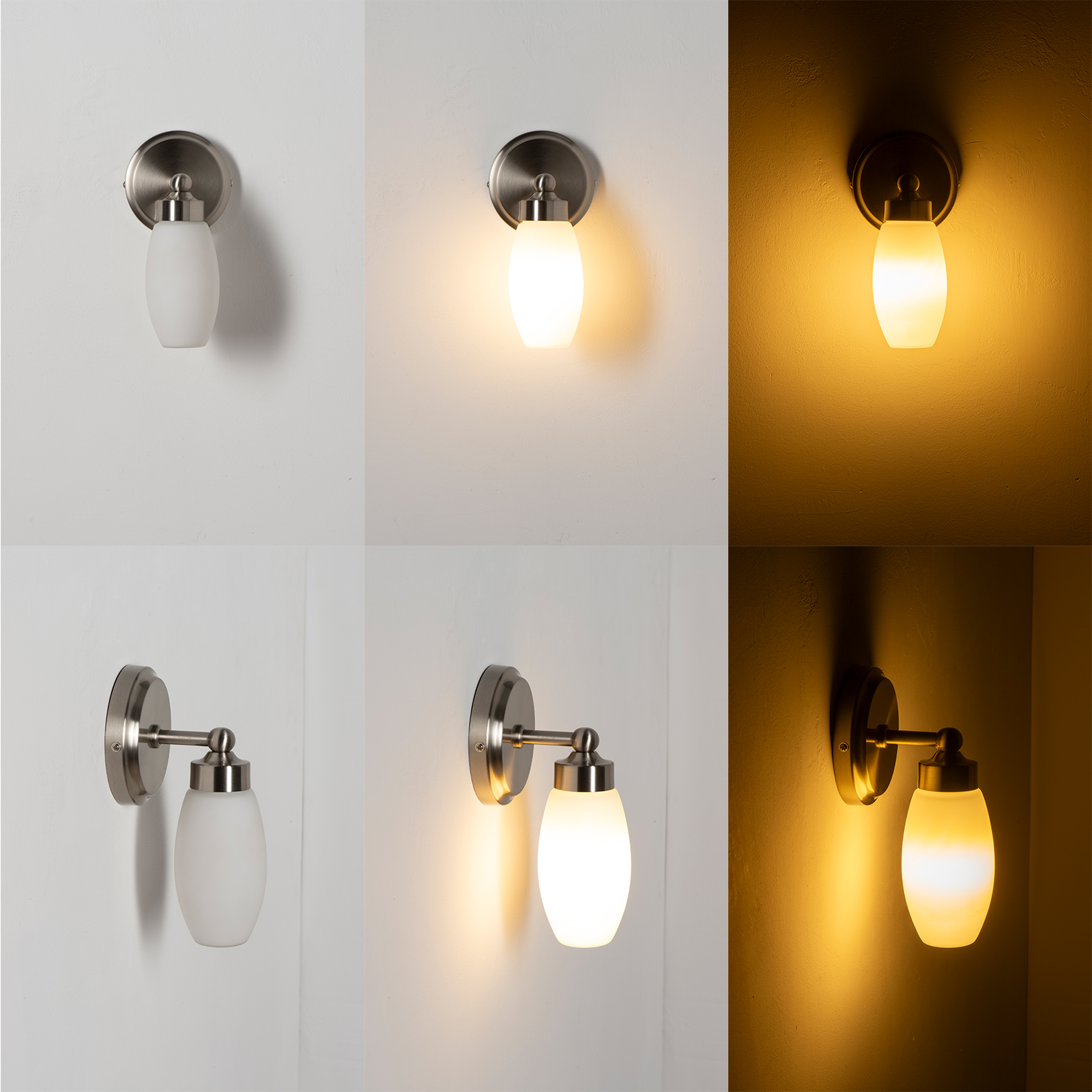 Aplique de pared moderno con vidrio blanco esmerilado y acabado metálico.