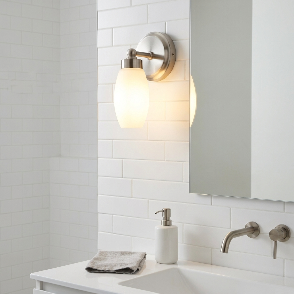 Una lámpara de pared de vidrio esmerilado sobre un lavabo blanco con dispensador.