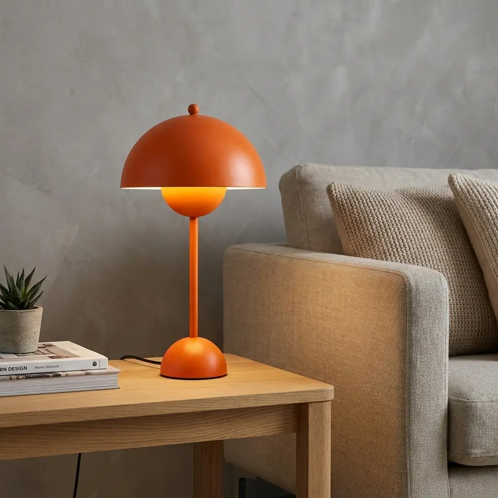 Una lámpara naranja sobre una mesa de madera junto a un sofá.
