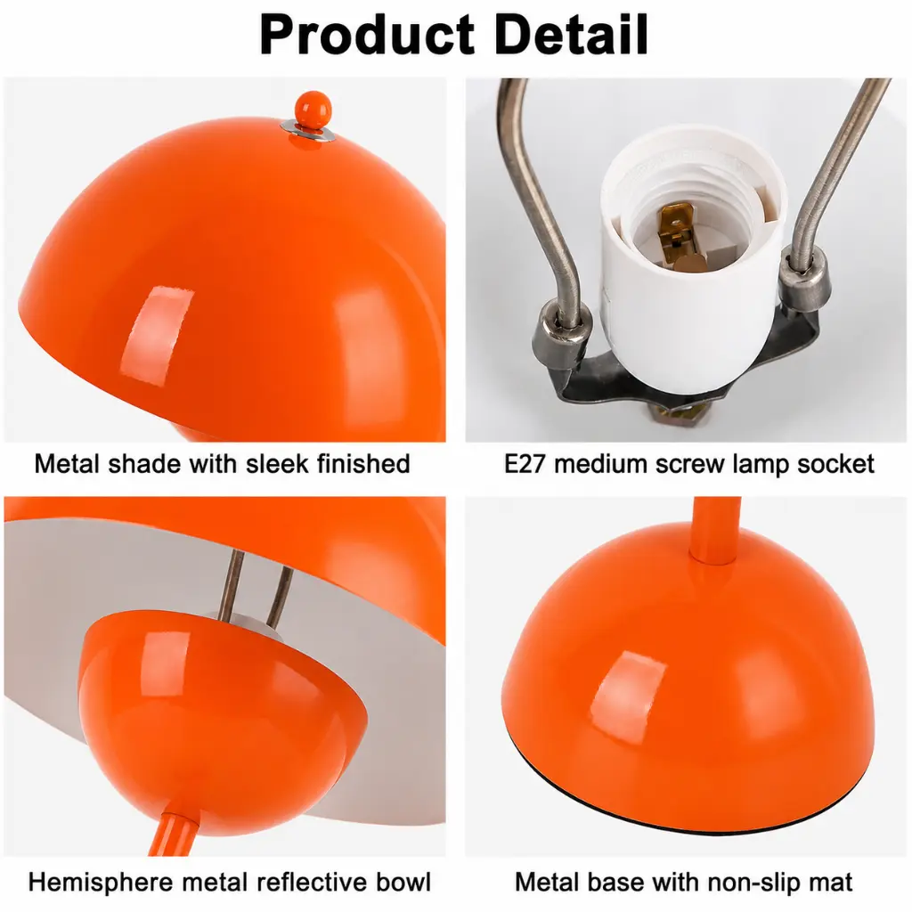 Imágenes del producto: Lámpara naranja con base metálica redonda, pantalla y portalámparas.