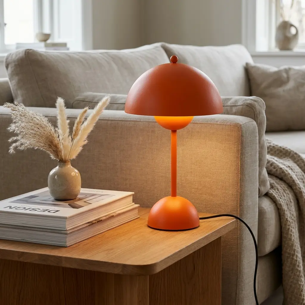 Lámpara naranja sobre mesa de madera junto a libros y flores secas.