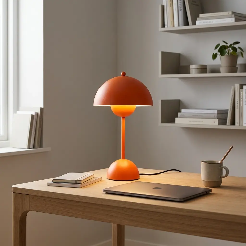 Una lámpara de escritorio naranja ilumina un portátil y libros sobre un escritorio de madera.