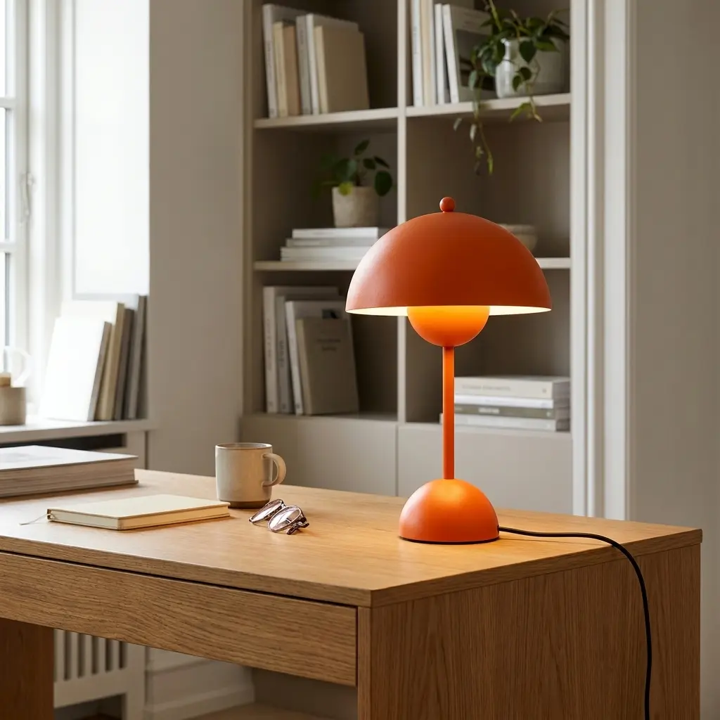 Lámpara de mesa naranja sobre un escritorio de madera con libros y una taza.