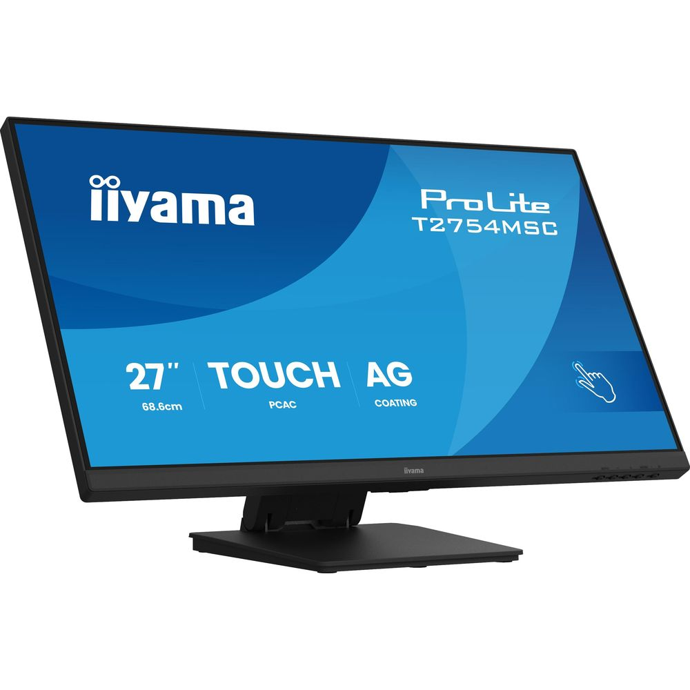 Un monitor touchscreen Iiyama nero da 27 pollici con marchio ProLite T2754MSC.