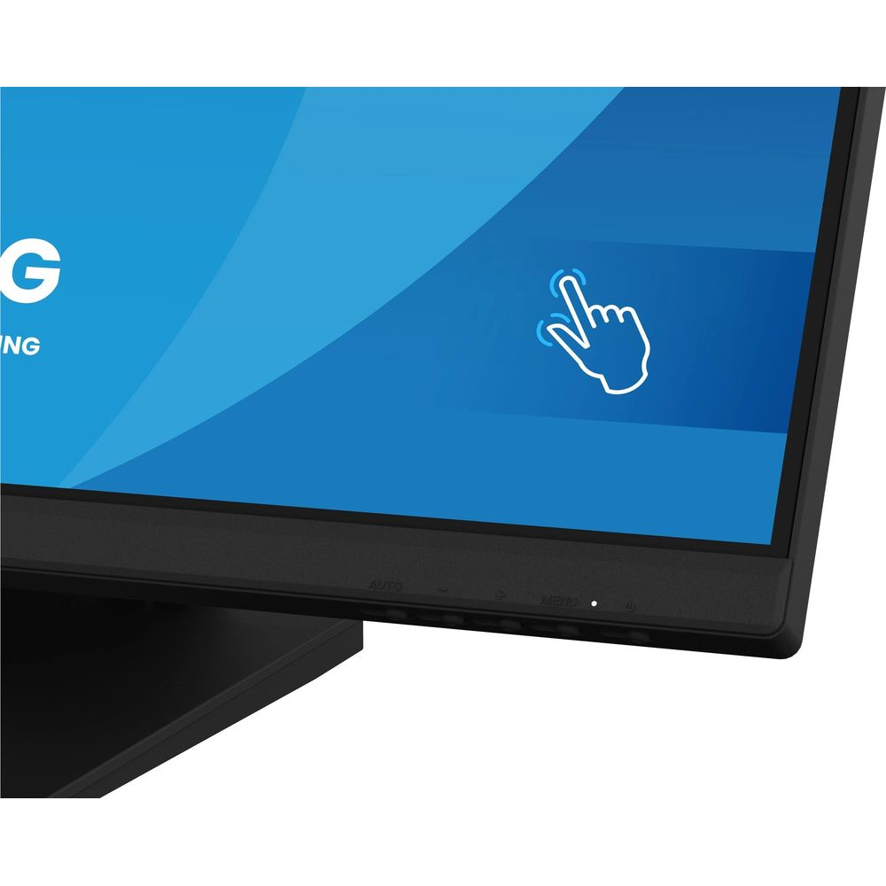 Un monitor del computer mostra uno schermo blu con un cursore bianco e la lettera G.