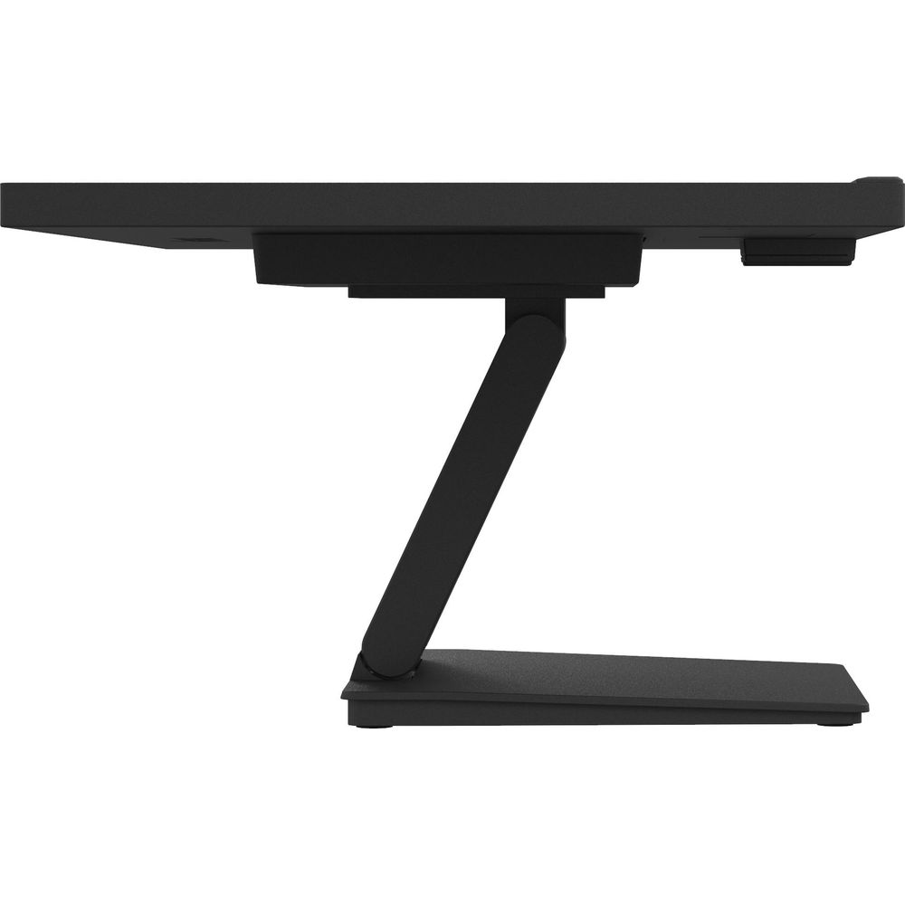 Supporto monitor nero con braccio a Z e base piatta su sfondo bianco.
