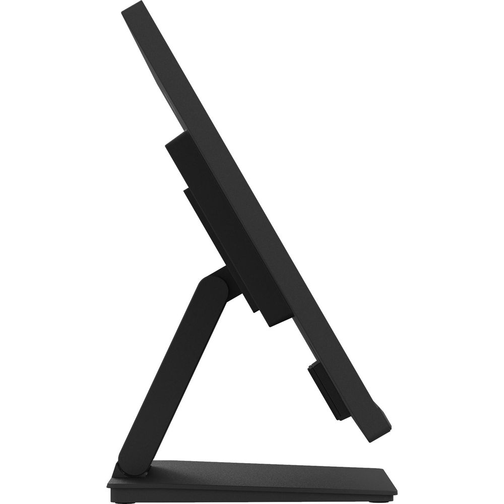 Monitor del computer nero su un supporto, visto di lato.