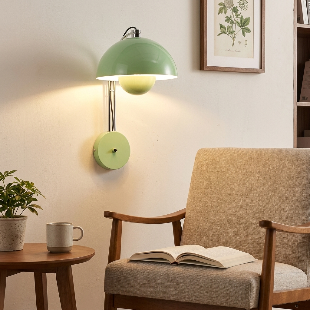 Una lámpara de pared verde sobre un sillón con un libro abierto.