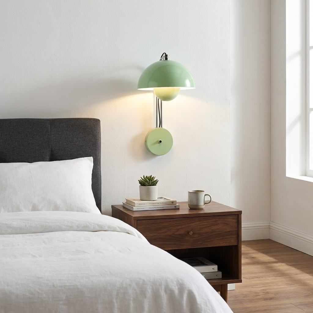 Una lámpara de pared verde ilumina una mesita de noche con planta y taza junto a una cama.