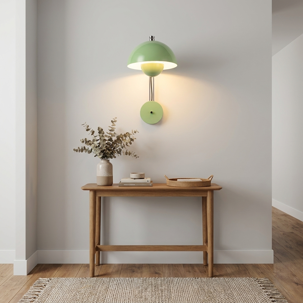 Lámpara de pared verde sobre mesa de madera con jarrón, libros y bandeja.