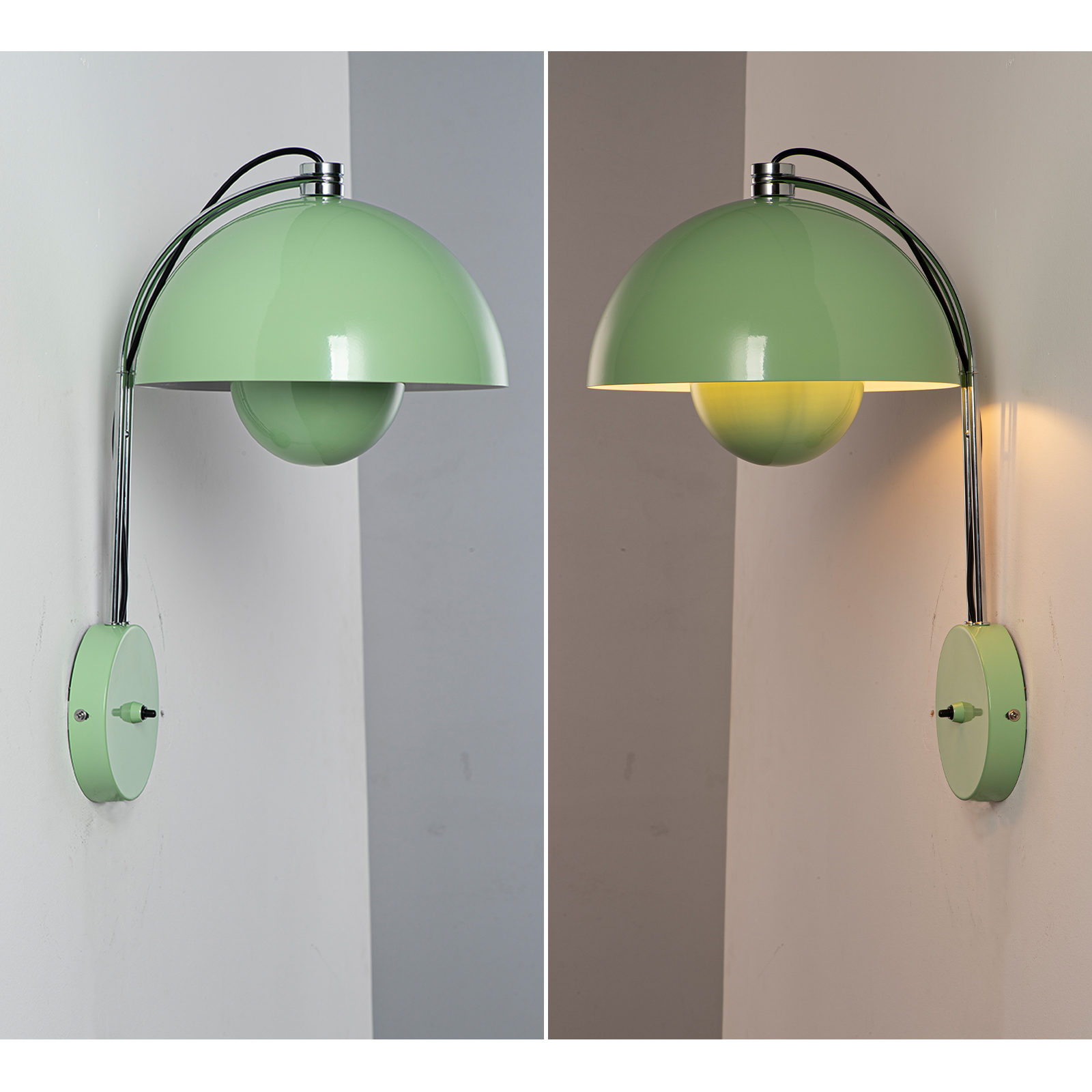 Lámpara de pared verde con interruptor, apagada a la izq., encendida a la der.