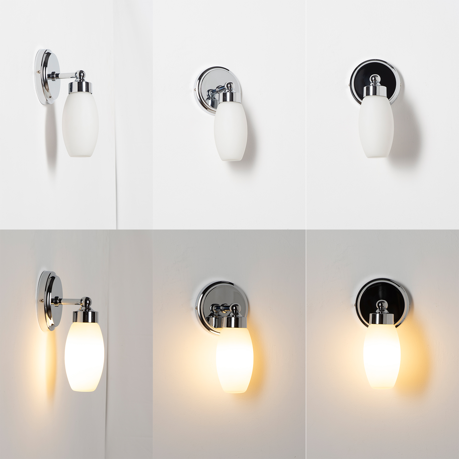 Aplique de pared moderno con cristal blanco translúcido y detalles cromados.