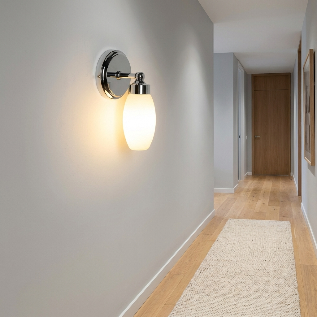 Una lámpara de pared moderna ilumina un pasillo con suelo de madera y alfombra.