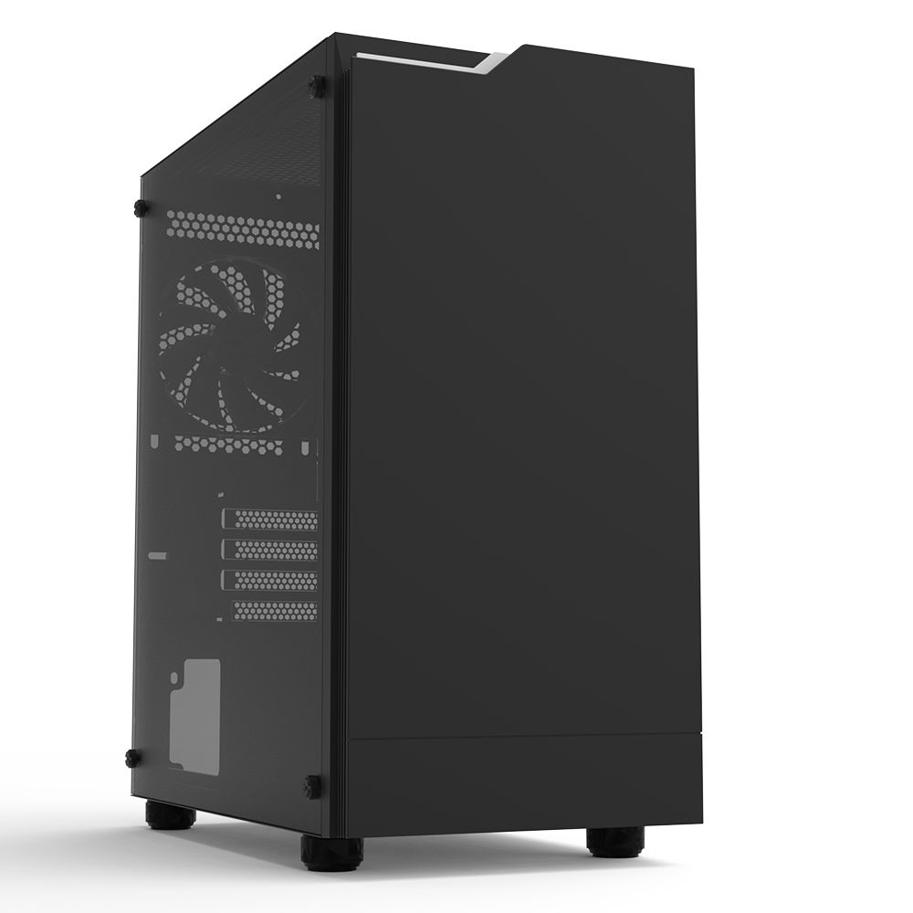 Una torre de computadora negra con panel lateral de vidrio que muestra un ventilador.