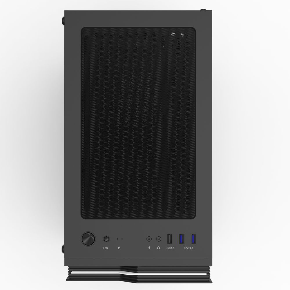 Caja de ordenador negra con frontal de panal y puertos USB.