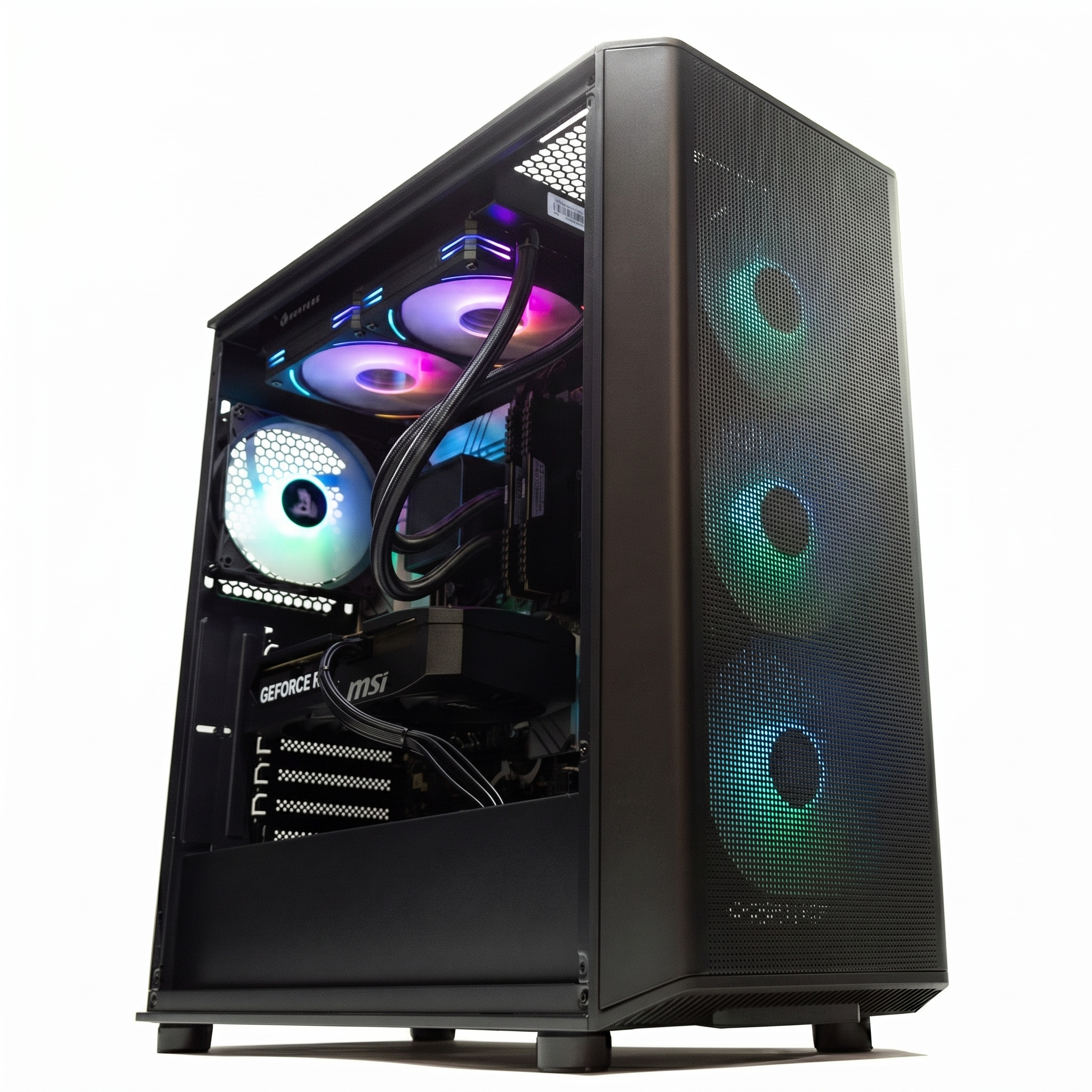Torre de ordenador negra con ventiladores y componentes RGB brillantes.