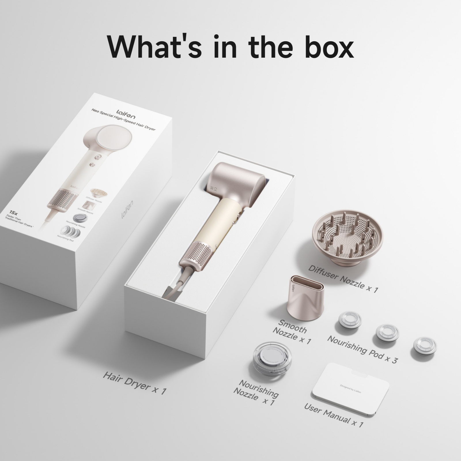 Inhoud van de doos: Haardroger, diffusoropzetstuk, gladmakend opzetstuk, voedend opzetstuk, voedende pods, handleiding.