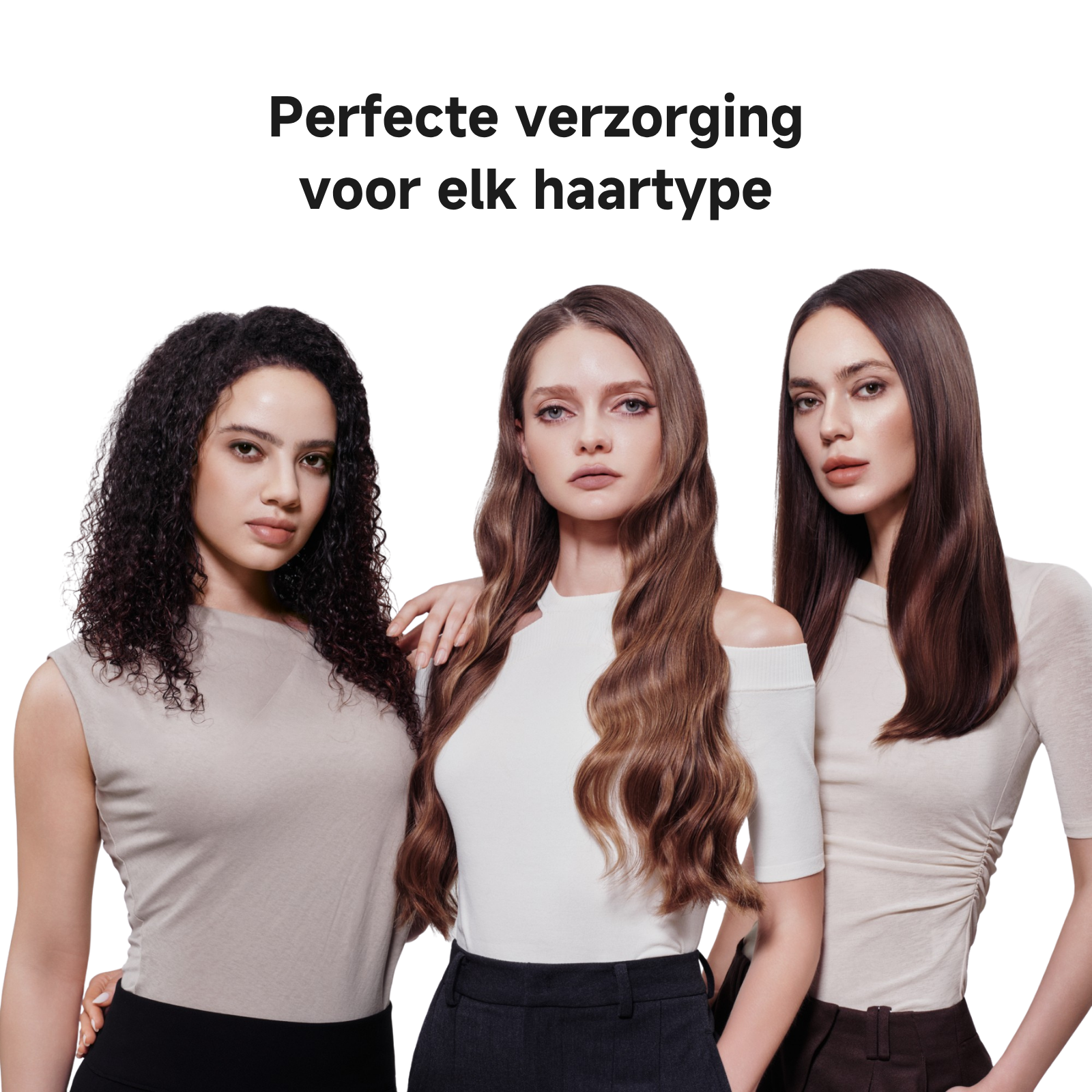 Drie vrouwen met verschillende kapsels en huidtinten staan naast elkaar.