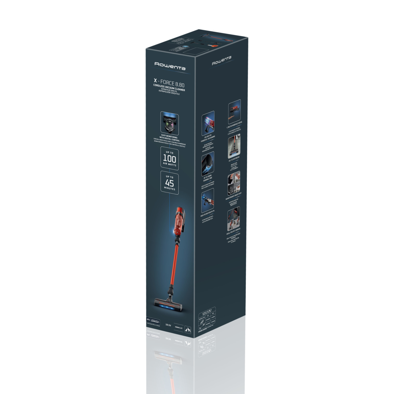 Scatola aspirapolvere senza fili Rowenta X-Force 8.80 con aspirapolvere rosso e funzioni.
