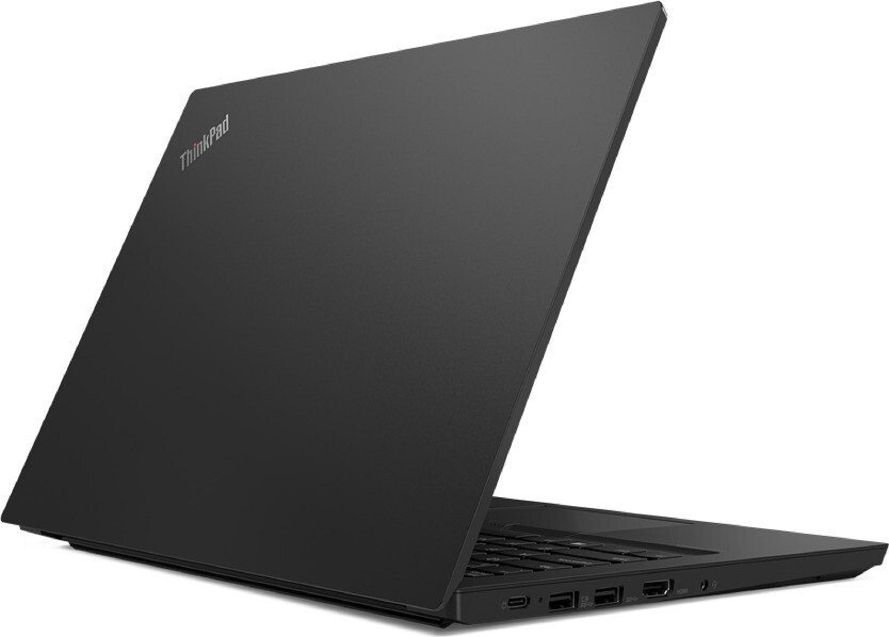 Schwarzer ThinkPad Laptop, teilweise geöffnet, zeigt Tastatur und Anschlüsse.