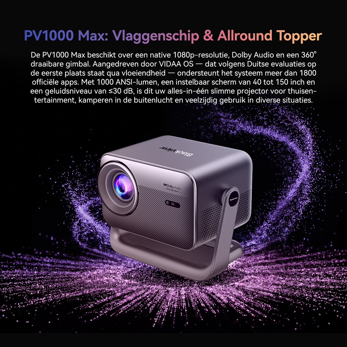 Grijze projector met lens en standaard, omringd door paarse deeltjes.