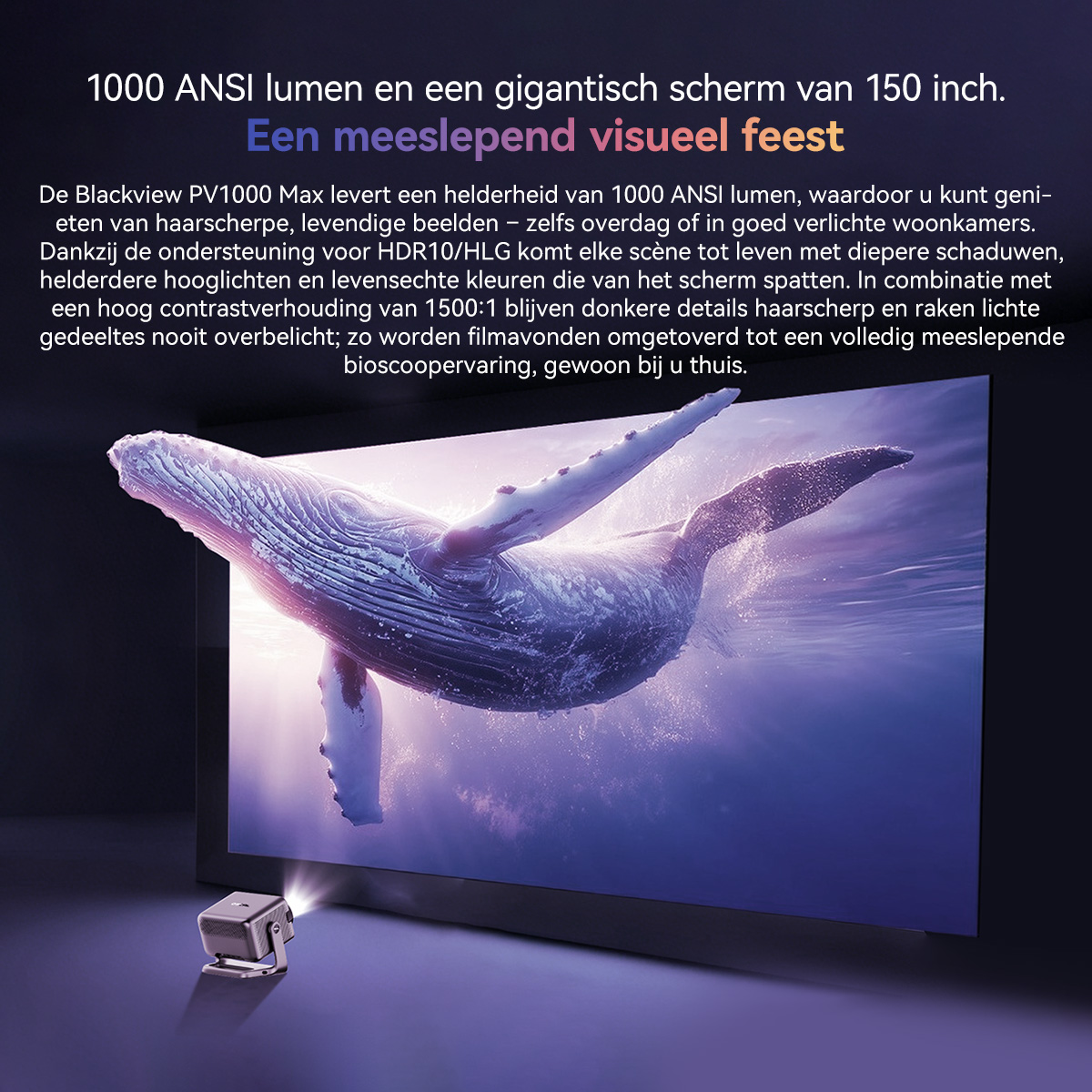 Een kleine projector toont een walvis op een groot scherm.