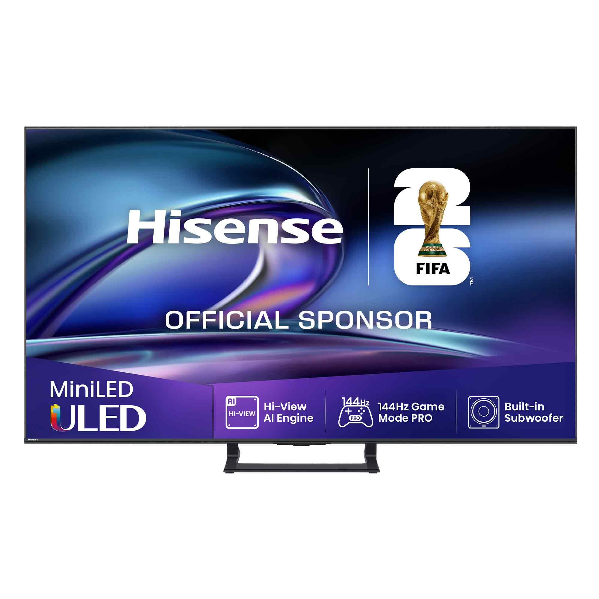 Un televisor Hisense ULED, patrocinador oficial de la FIFA, con especificaciones.