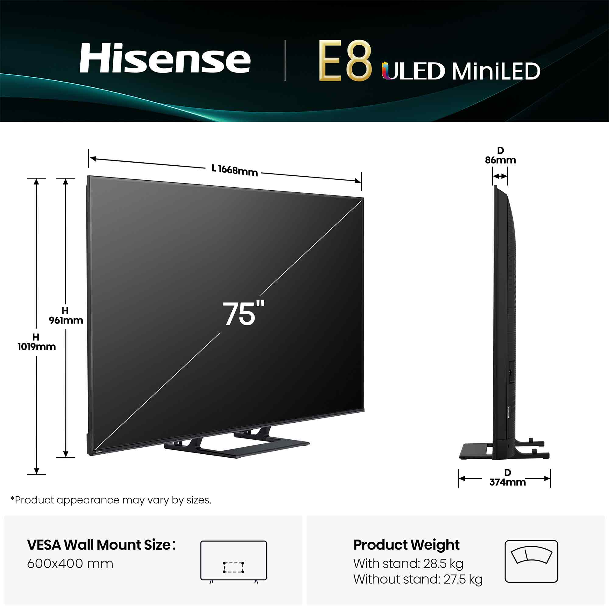 Hisense E8 ULED MiniLED TV Spezifikationen: 75" Bildschirm, L 1668mm, H 961mm, T 86mm.